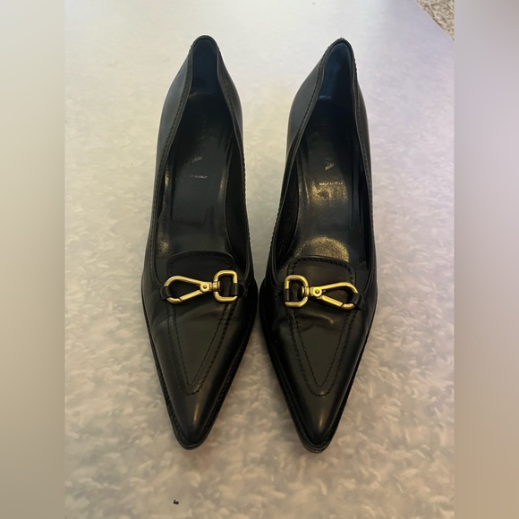 Prada Black Leather Kitten Heels with Gold Accents